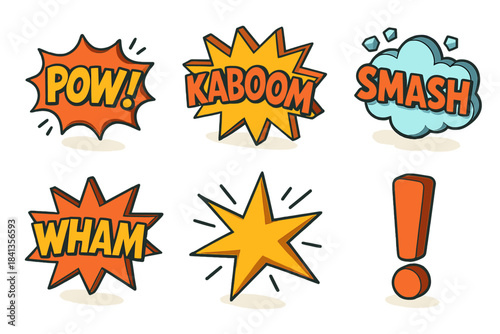 Colorful comic book sound effects: pow, kaboom, smash, wham, starburst, exclamation
