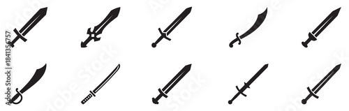 Sword icon vector set. Saber illustration sign collection.  blade. Weapon symbol. Steel logo. Collection of black sword silhouettes on white background weapon. Vector Illustration.