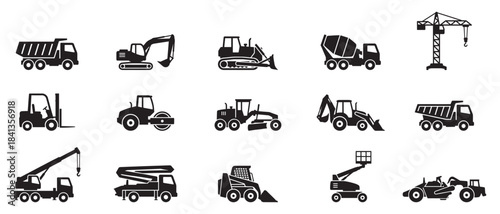 Construction transport icon set. Heavy construction and industrial vehicles black silhouette icons. Vector Illustration. 
