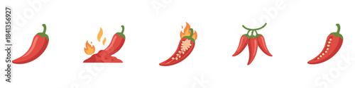 Red hot natural chili pepper icons set. Vector Asian and Mexican spicy food and sauce. Spicy chili pepper. Vector Illustration