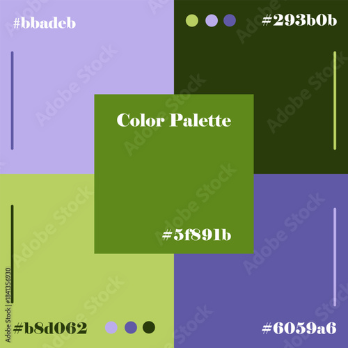 Vector illustration of a vibrant color palette featuring purple, green, and blue shades, each with its corresponding hex codes. Perfect for design and artistic inspiration projects.