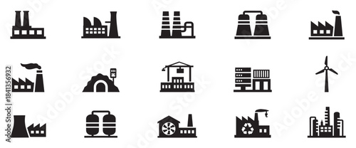 Industrial building factory icon set.Factory and industrial vector icon.Industry power, chemical manufacturing building warehouse nuclear energy plant.Industrial building, factory and power plant. EPS