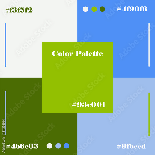Vector illustration showcasing a vibrant color palette with shades of green and blue. Includes hex codes for each color, offering design inspiration for branding and creativity.