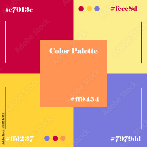 Vibrant color palette design with four distinct colors and hex codes in a vector illustration format. Ideal for design inspiration, showcasing color combinations, and creative projects.