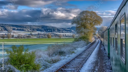 69Train traveling through countryside where winter snow transitions to spring greenery