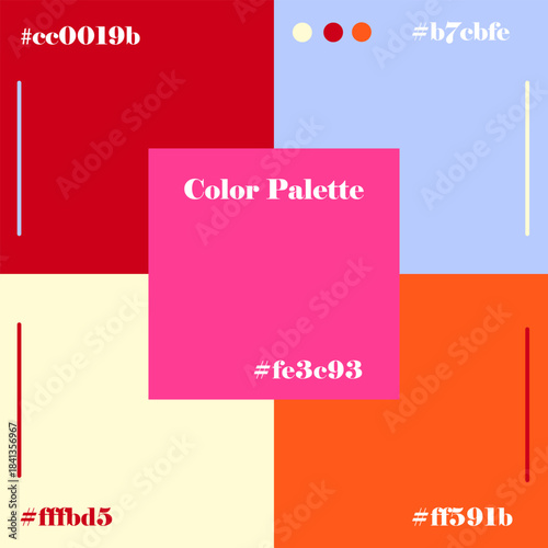 Vector illustration of a vibrant color palette showcasing a variety of bold colors with corresponding hex codes. Perfect for design inspiration and creative projects