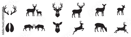 Deer icon set. Deer silhouette icon. Deer horn, footprints, head icon. Vector Illustration.  