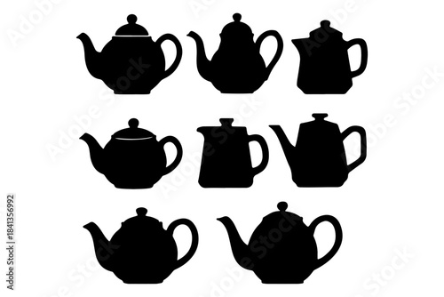 A versatile collection of elegant black teapot and coffee pot silhouettes, perfect for kitchenware designs, hot beverage branding, and decorative graphic elements