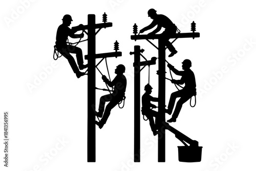 Vector illustration depicting diligent utility workers and electricians climbing and working on power poles, symbolizing essential infrastructure maintenance and power supply