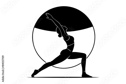 Stylized silhouette of a woman gracefully performing a warrior yoga pose, embodying strength, balance, and inner peace within a decorative circular frame. Ideal for wellness and fitness concepts