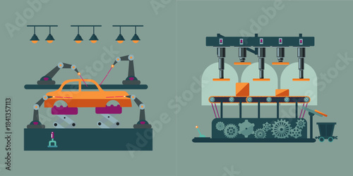 Automated manufacturing processes featuring robotic arms assembling a car body alongside a conveyor belt system packaging goods in a stylized industrial setting