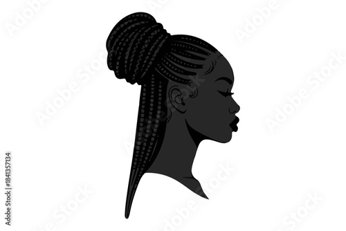 Elegant profile illustration of a woman with intricately braided hair, showcasing a sophisticated updo and long, flowing braids, rendered in a striking monochrome style
