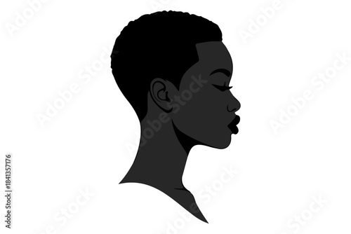 Close-up profile of a woman with dark skin and short hair, stylized illustration