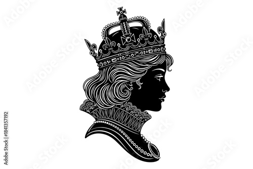 Intricate Silhouette of a Regal Queen's Profile, Adorned with a Majestic Crown and Elaborate Ruff Collar