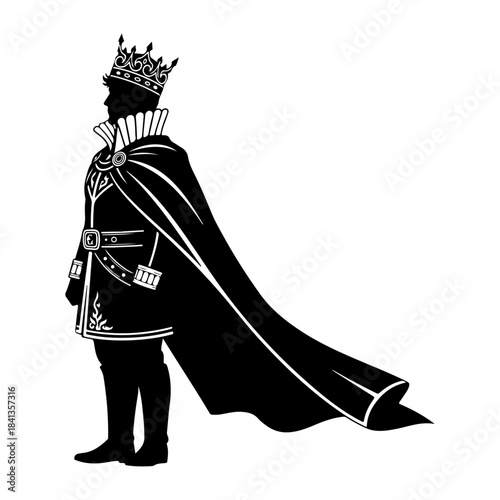 Silhouette of a regal king wearing a crown and ornate cape, presented in a classic profile view against a white background