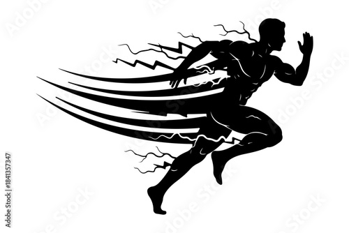 Silhouette of a muscular man running at high speed with lightning streaks emanating from his body, symbolizing power and athleticism