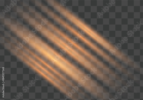 Abstract golden light rays shining diagonally across a transparent, volumetric light effect, warm orange glow, lens flare simulation