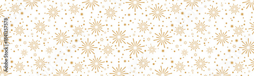 Seamless golden fireworks and starburst pattern on a clean white background, festive minimal design ideal for Christmas, New Year, party decor, wrapping paper, invitations, greeting cards and holiday 