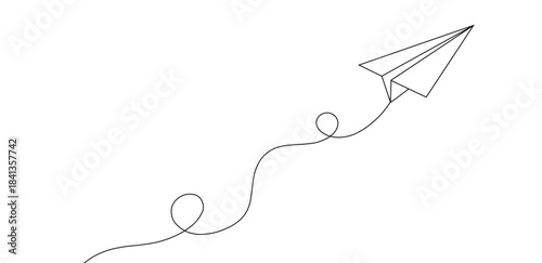 Black dotted line paper airplane flying with swirling flight path
