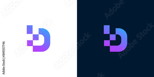 Modern abstract letter D logo design, incorporating a vibrant gradient and pixelated digital aesthetic, suitable for innovative technology brands and creative businesses