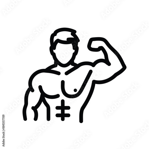 Black line drawing of a muscular man flexing his bicep