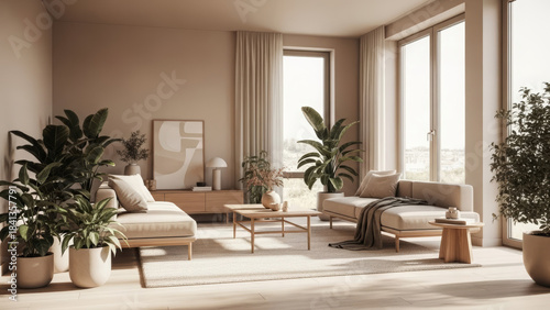 Serene beige minimalist living room interior featuring facing sofas and large tropical indoor plants in sunlight