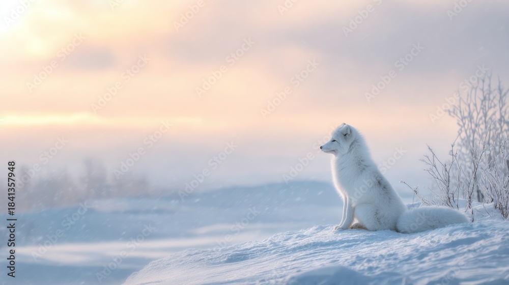 Obraz premium White arctic fox sitting on a snowy hill, looking into the distance during a serene winter sunset. Wildlife nature and polar animal concept.