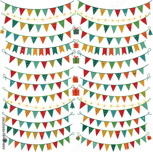 Colorful Pennant Banners with Festive Patterns — Triangular Flags in Red, Green, Yellow, and Teal Featuring Stars, Stripes, and Ornaments for Holiday Decor, Party Themes, and Celebration Graphics 