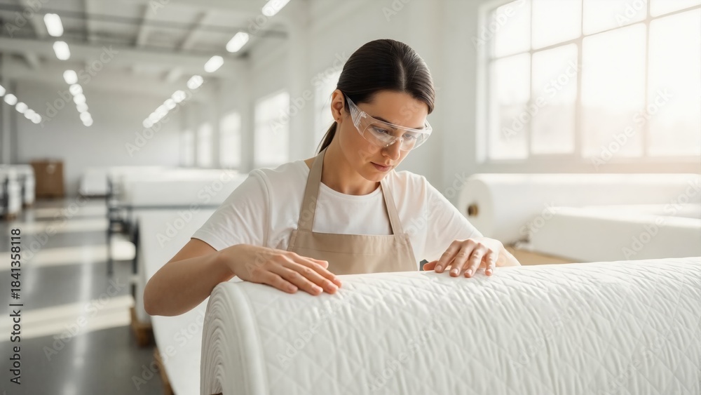 Naklejka premium Focused female worker in safety glasses inspecting roll of quilted fabric. Quality control in modern textile manufacturing plant