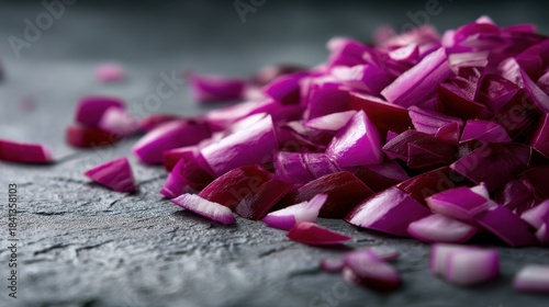 Pile of diced red onion on grey surface. Fresh chopped vegetable for cooking. Ingredient for salad, meal preparation concept.