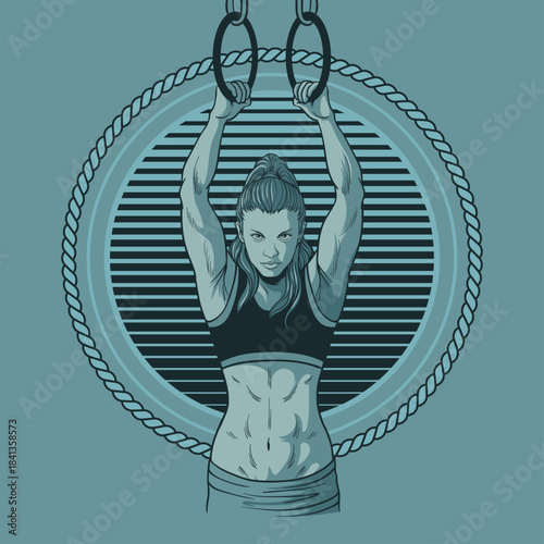 Determined female athlete with intense focus gripping gymnastic rings showcasing sculpted core muscles in a stylized monochromatic fitness emblem design