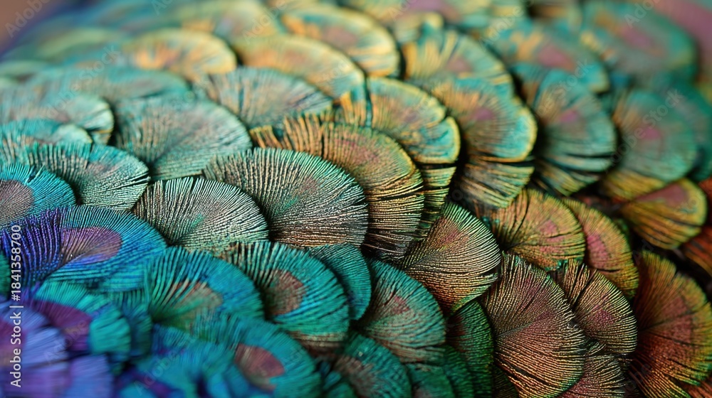 Obraz premium Close up of vibrant peacock feather texture. Iridescent plumage with rich blue and green tones. Natural pattern and detailed bird skin.