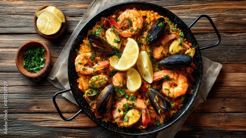 Freshly cooked seafood paella with shrimp, mussels, and lemon wedges. Traditional spanish dish for restaurant menu or cooking blog.