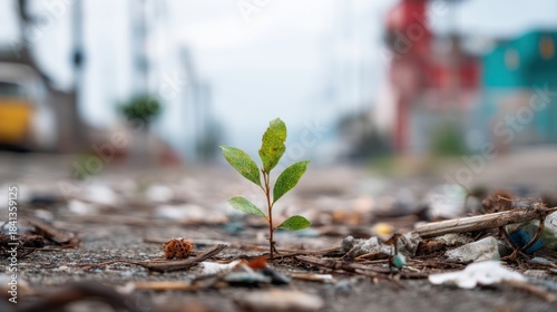 Fototapeta Naklejka Na Ścianę i Meble -  Small green plant sprout growing from dirty concrete floor with garbage. Concept of strength, growth, and hope in adverse conditions, new life.