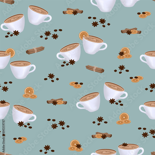 Seamless pattern, isolated pattern with a coffee cup and heart, cinnamon stick, orange, coffee, chocolate, and star anise on a green background. Vector illustration.