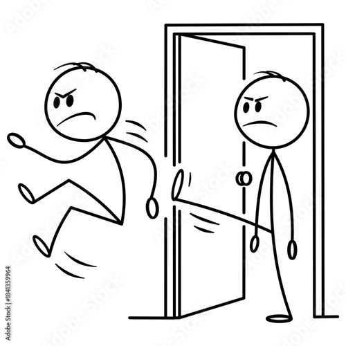 Conceptual vector cartoon illustration of a businessman being kicked out through a door. Simple stick figure style in flat design, isolated on a white background.