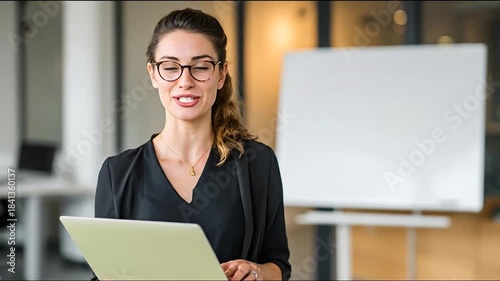 Smiling brunette woman with glasses, holding a laptop in an office setting