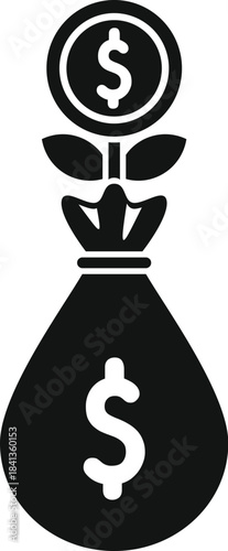 Money plant growing from money bag, representing return on investment, financial growth, and successful investment strategies