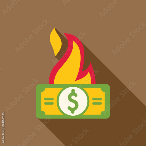 Dollar bill burning with flames depicting financial loss, economic crisis, inflation or investment risk