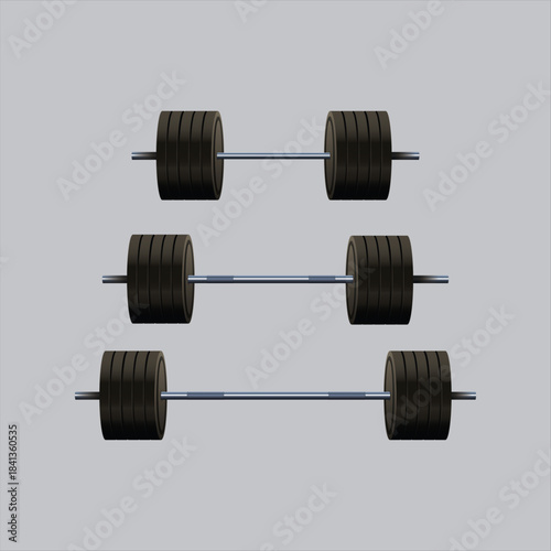 Weights on gray background: A display of weightlifting equipment, precisely arranged against a neutral gray background. Each weight is a symbol of strength and progress.
