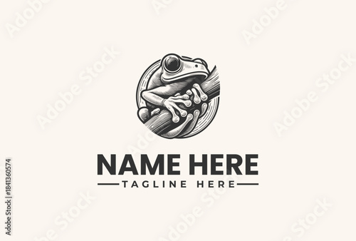 A black and white illustration of a frog sitting on a branch with a placeholder name and tagline in a simple, modern design.