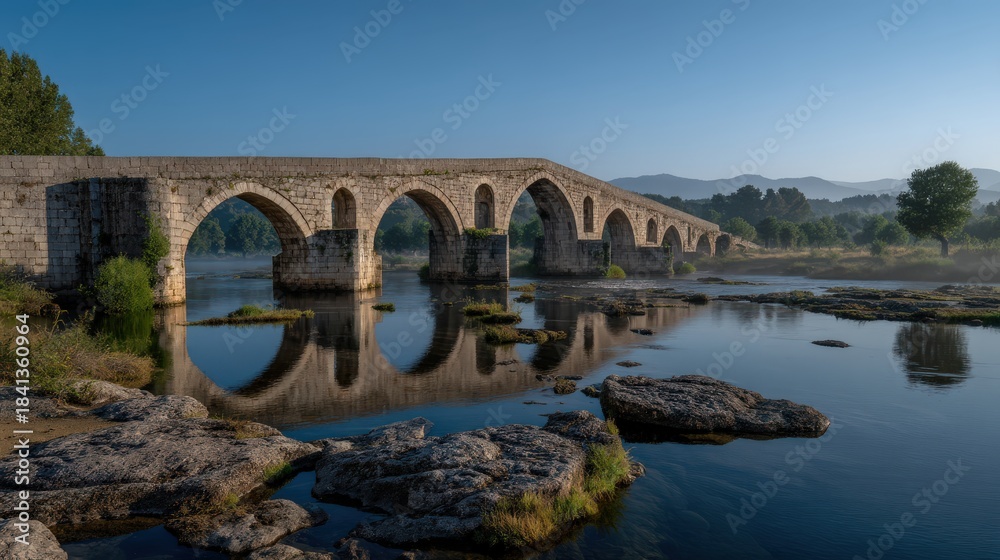 Fototapeta premium Ancient stone bridge spanning a calm river with archways and reflective water