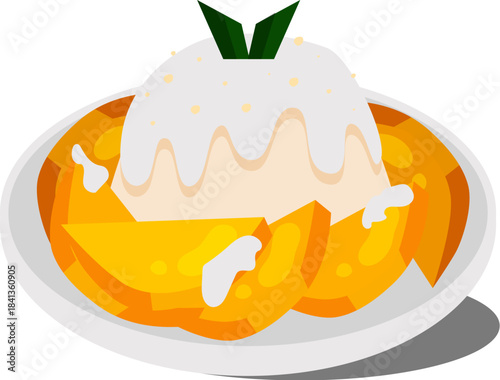 Lush tropical dessert illustration featuring ripe mango slices generously topped with creamy sauce and fresh green leaves, a sweet and refreshing delight
