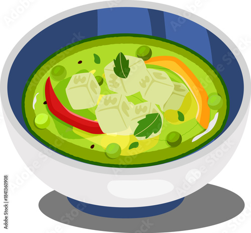 Vibrant and aromatic green curry with silken tofu, fresh herbs, and spicy chili in a traditional bowl, a delightful vegan Asian dish illustration