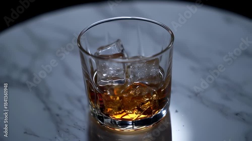 Whiskey in Glass with Ice on Marble Table, Relaxation, Luxury, and Dark Light