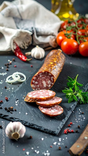 Sliced sausage on slate board with vegetables