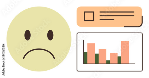 Frowning face beside bar chart with downward progress bars and speech bubble icon. Ideal for feedback, performance review, user experience, customer dissatisfaction, evaluation, analytics, simple