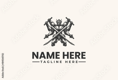 A logo illustration featuring crossed swords and axes with a decorative design on a beige background, accompanied by placeholder text for a name and tagline in a vector style.