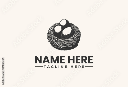 Vector illustration of a bird's nest with three eggs and a placeholder text for a logo, set against a clean white background with a simple composition.