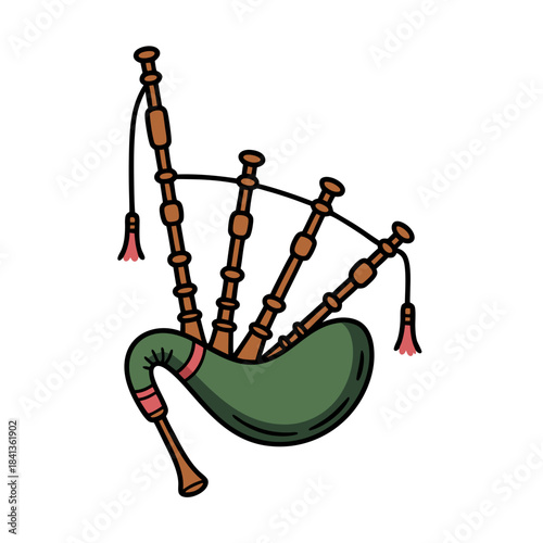 Traditional Scottish bagpipes illustrated with wooden details  